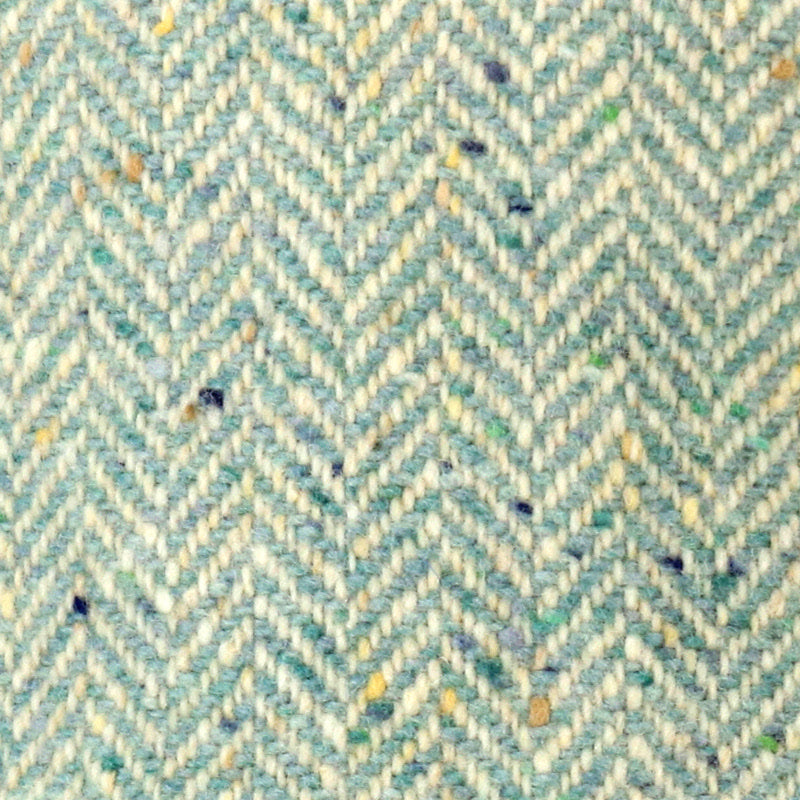 Aqua herringbone Donegal tweed fabric swatch showing colourful flecks woven in County Donegal, Ireland