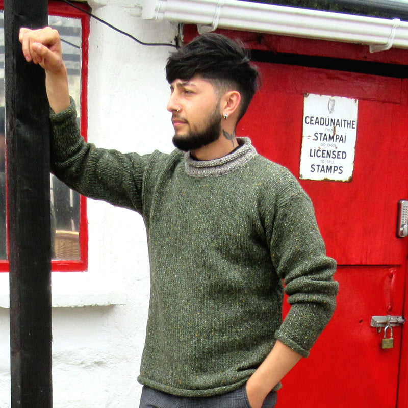 Irish roll neck sweaters, Donegal tweed woollen knitwear for men